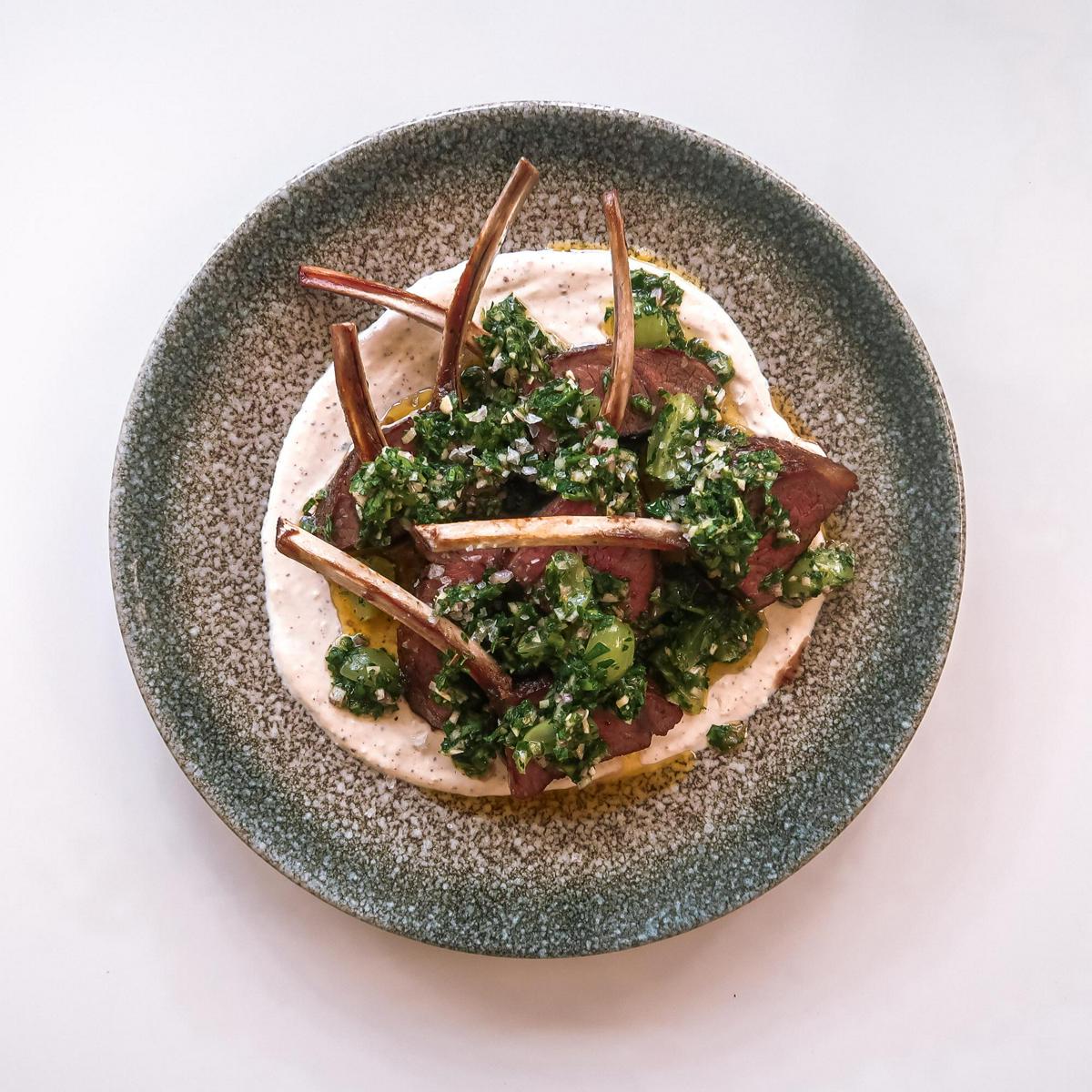 Rack of Lamb with Jalapeño Chimichurri, Green Grapes, and Tahini-Yogurt Sauce