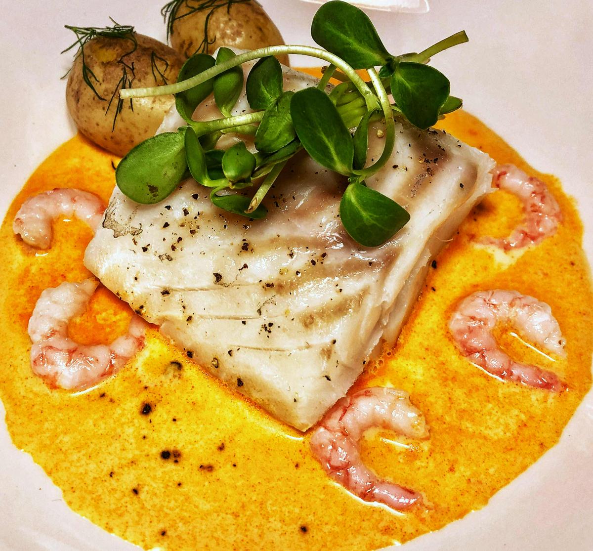 Salt Cured Cod Fillet with Shrimp Sauce