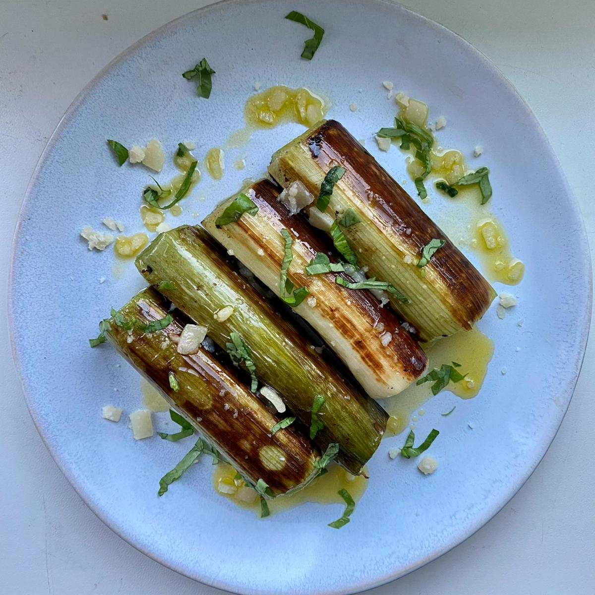 Sous vide leeks with olive oil and parmesan