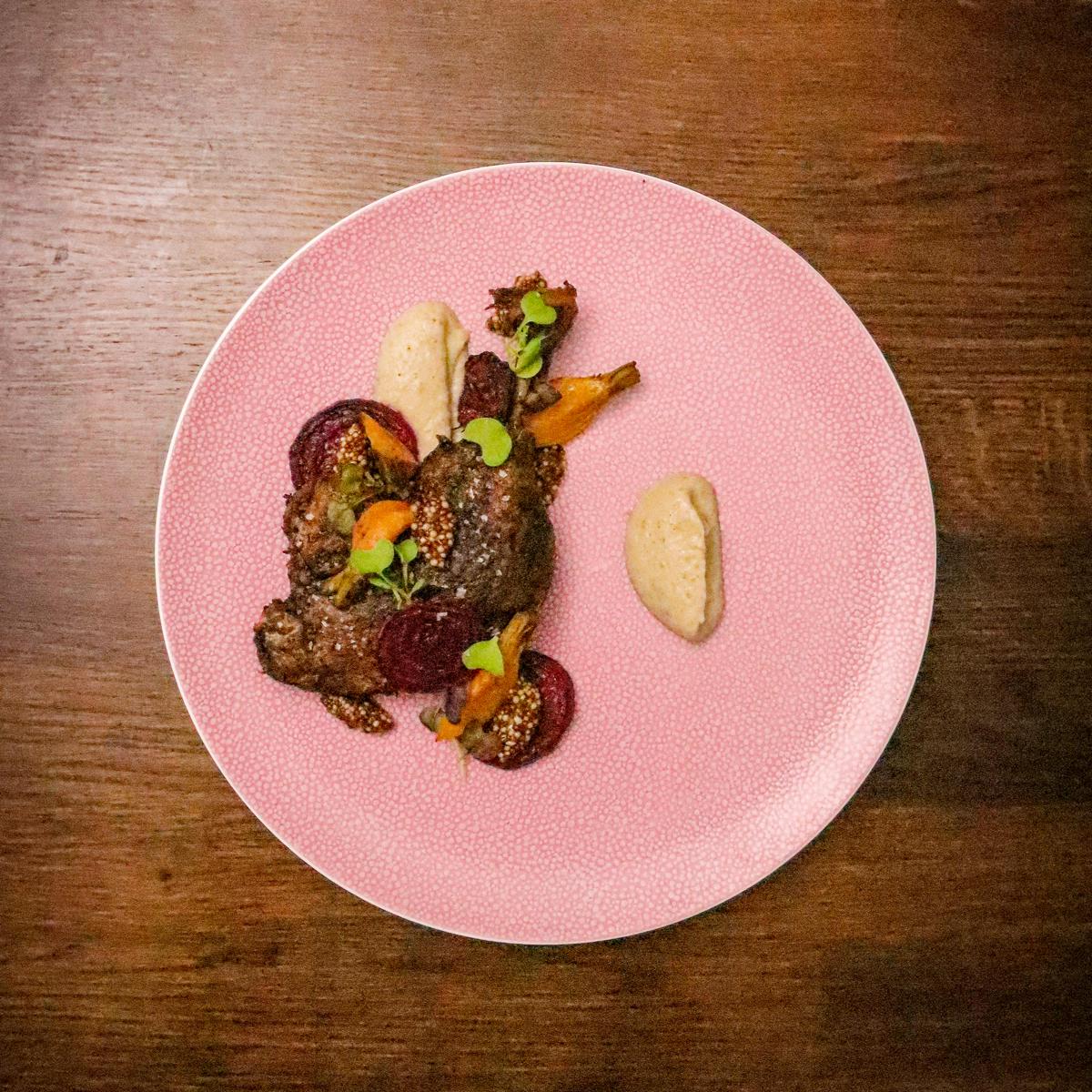 Sous Vide Confit Duck Legs with Sunchoke Purée, Orange Roasted Beets