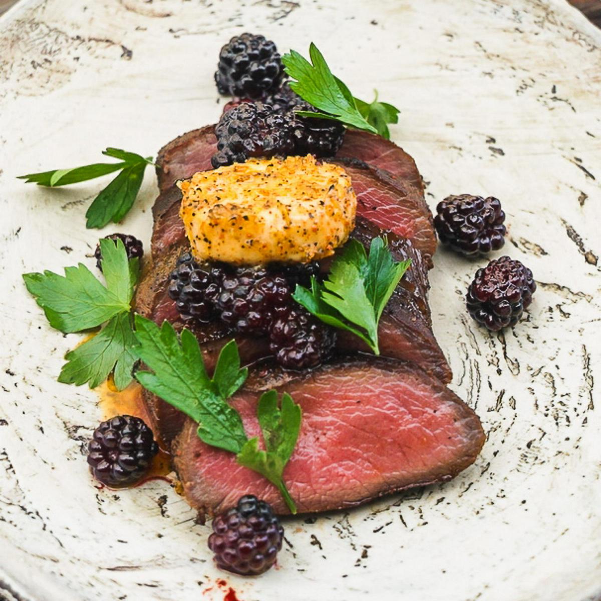 Espresso- and Chile-Crusted Venison Strip Loins with Blackberries